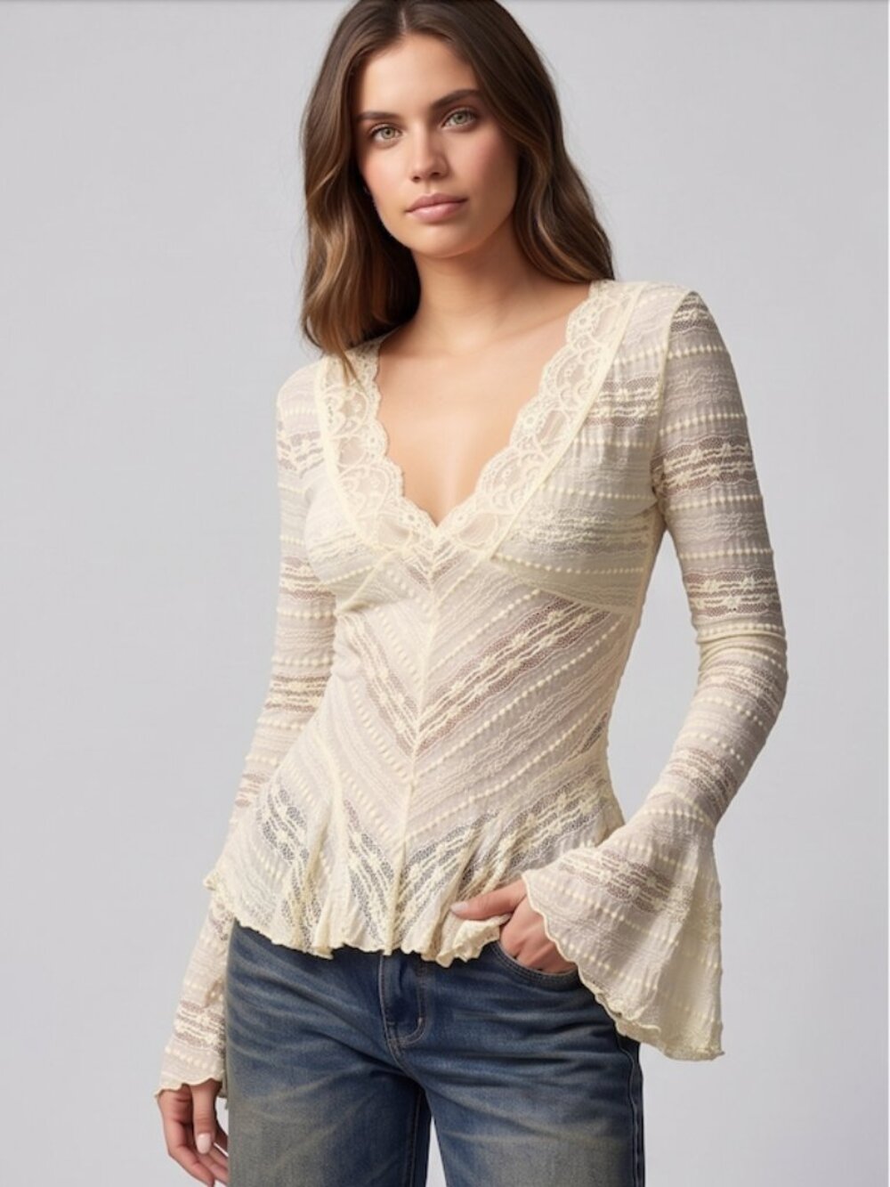 Bohemian Ivory Semi-Sheer Textured Lace Flared Sleeve Fairycore Blouse